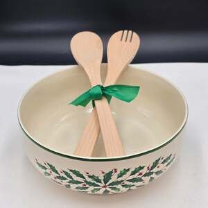 Lenox Holiday Salad Bowl 10" with Wood Servers 3.3 Liter 3 pc Set Original Tag